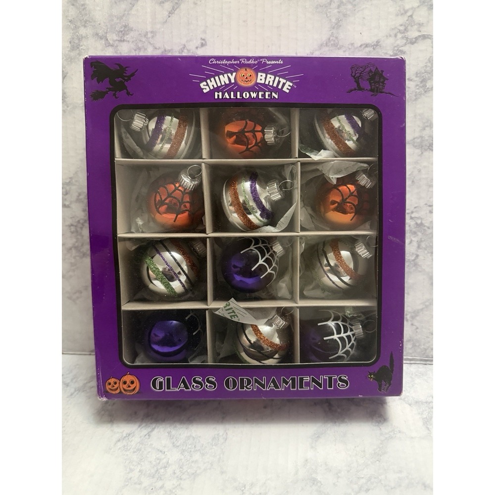 Christopher Radko Shiny Brite Ornaments  12 Silver Orange Purple, Spider Webs